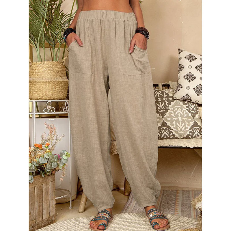 Vintage Boho Cotton Linen Pants for Women Summer Pockets Thin Beach Trousers Woman Casual High Waist Loose Harem Pants