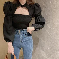 elegant casual blouses women long sleeve backless bow vintage tops korean fashion sweey y2k shirts square collar blouse