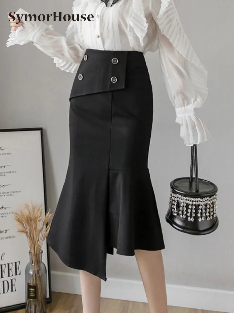 

Spring Summer Autumn Office Ladies Mermaid Skirt High Waist Double-breasted Irregular Skirts Casual Black Wrap -Hips Skirts
