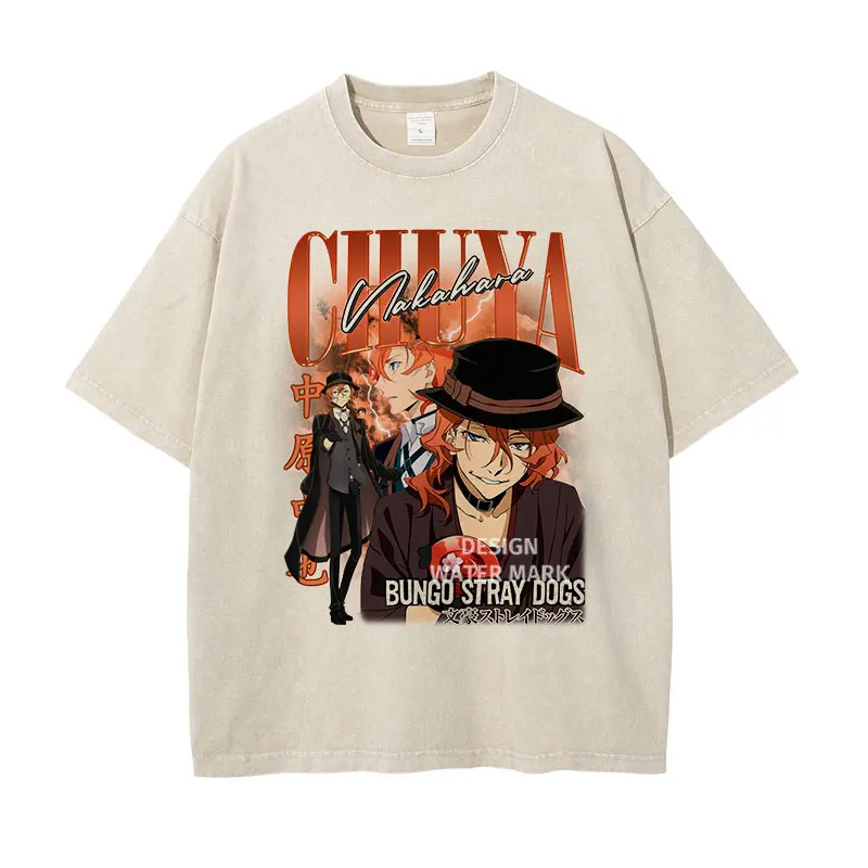 Фото Футболка с аниме Bungo Stray Dogs, винтажная мытая футболка Chuuya Atsushi Dazai Osamu, уличная одежда, топы в стиле манга, футболка для мужчин и девочек, 100% хлопок №1