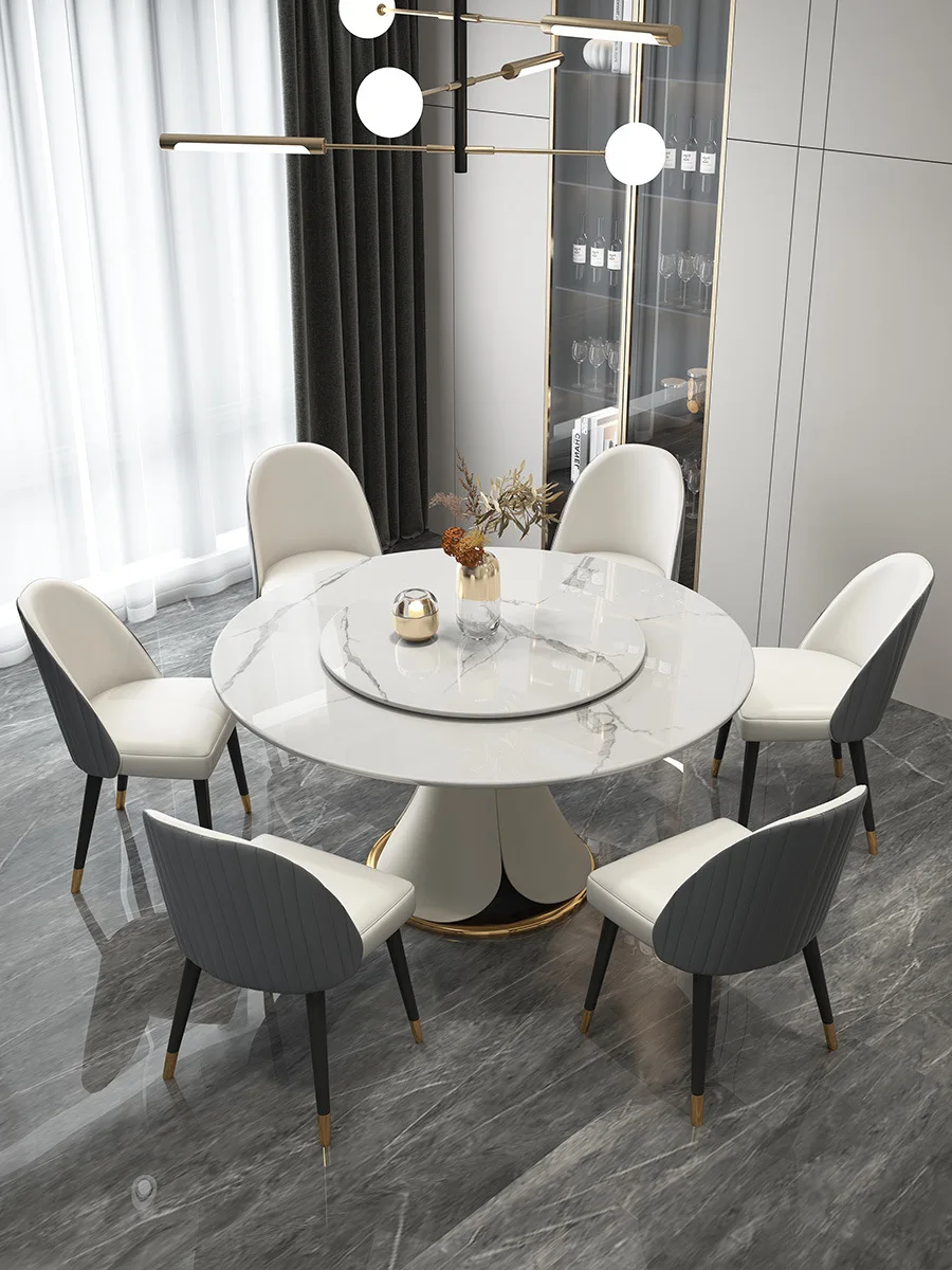 

Italian bright rock plate round dining table and chair combination modern simple small house light luxury rock plate