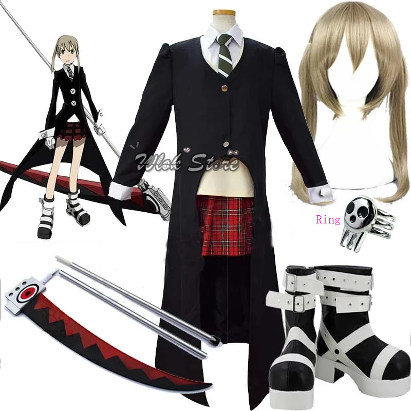 Disfraz de Anime Soul Eater para mujer y niña, traje de Cosplay de Maka Albarn, conjunto de falda, uniforme de gabardina, botas de fiesta, zapatos, peluca