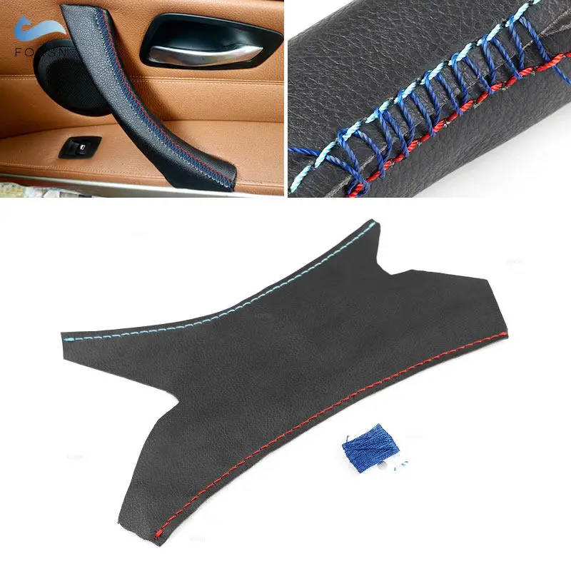 Купи Microfiber Leather Inner Handle Pull Cover For BMW 3 Series E90 E91 Interior Right Door Panel Cover Trim Black w/ red blue line за 364 рублей в магазине AliExpress