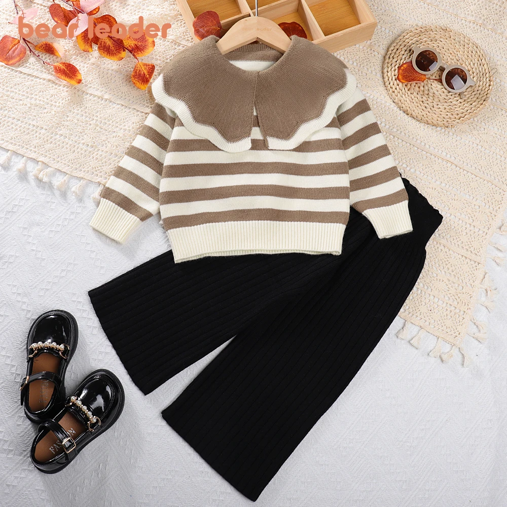 

Menoea/платье для девочек коллекция 2023 года, весенне-осеннее поло для девочек топ в полоску с волнистым краем + штаны, комплект для девочек, Детский милый вязаный комплект
