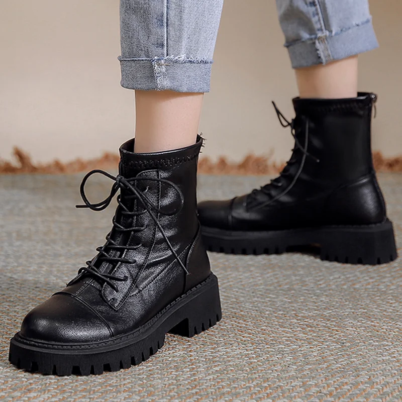 Round Head Square Heel Women Casual Boots 2022 Autumn New Fashion Platfrom Lace-up Back Zipper Women Chelsea Motorcycle Boots