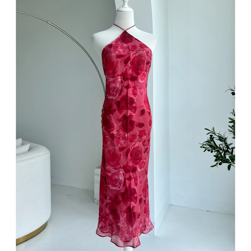 Women Silk Rose Pink Floral Print Halter-neck Backless Sexy Romantic Date Even Night-out Midi Dress 2023 Summer Vacation