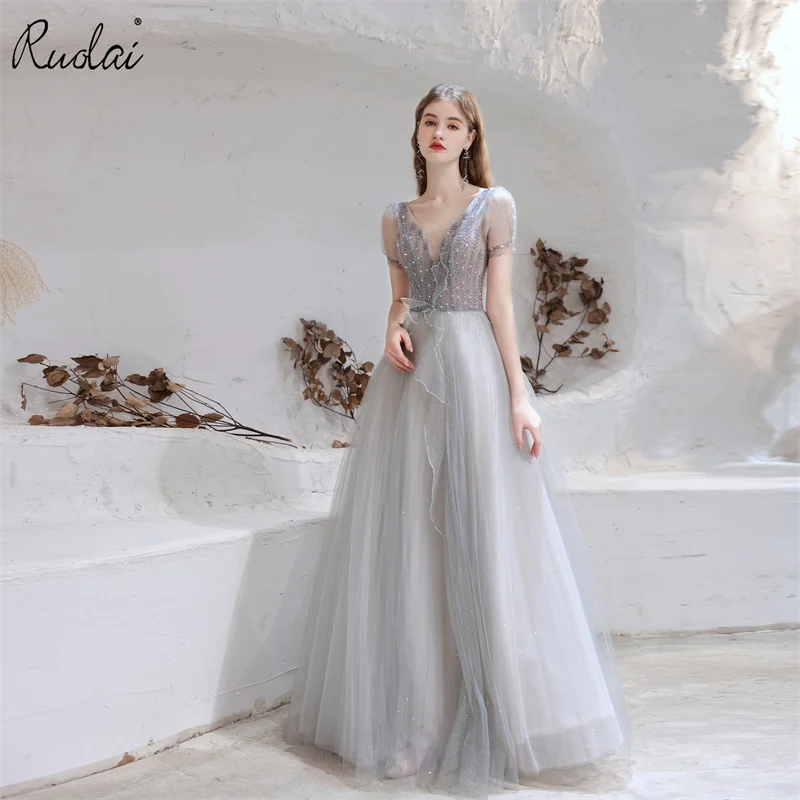 

Modest Grey V-Neck Short Sleeves Evening Dress Glitter Long Evening Party Dresses Women A-Line Prom Gown 19-361013