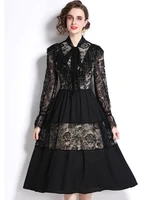 banulin summer elegant floral embroidery dress women bow neck flare sleeveruffles lace patchwork office lady party vestidos
