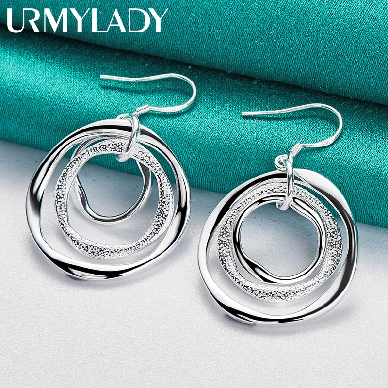 

URMYLADY 925 Sterling Silver Three Rings Smooth Matte Swirl Earrings Eardrop For Women Charm Wedding Engagement Fashion Jewelry
