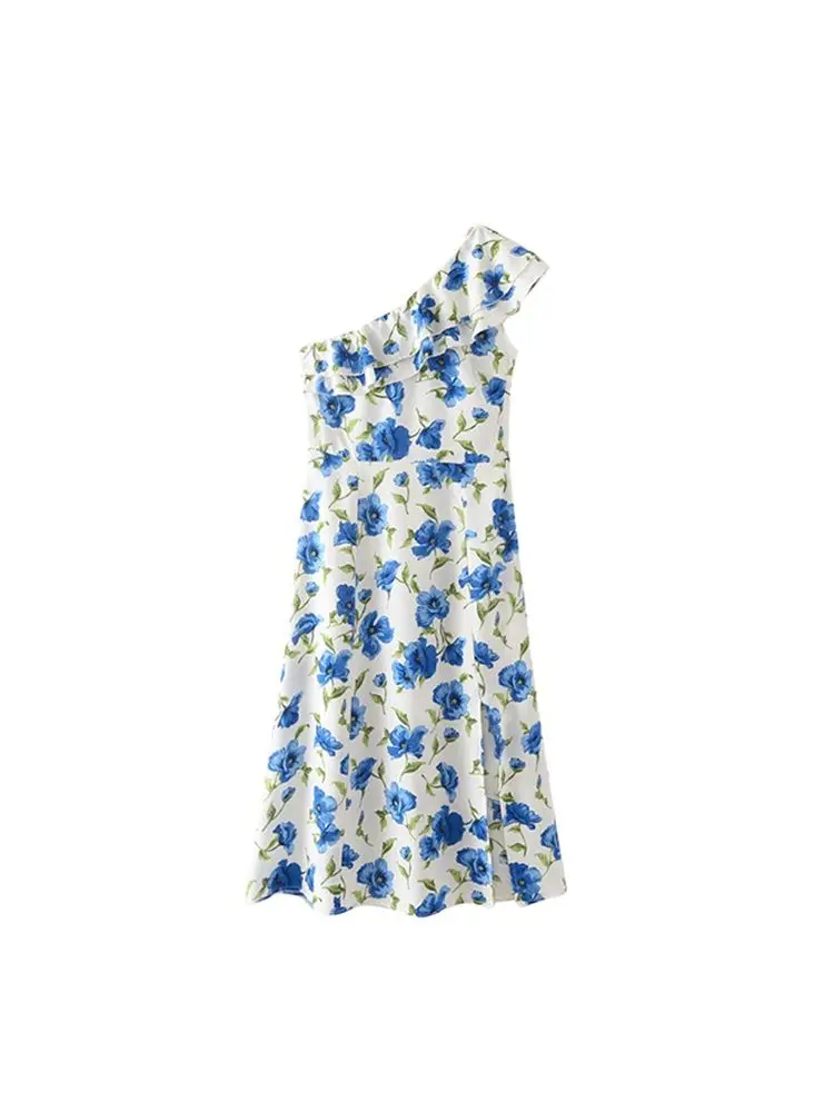 

SheMujerSky Summer One Shoulder Ruffles Slash Collar Dress 2022 Blue Floral Print Midi Dresses robe femme