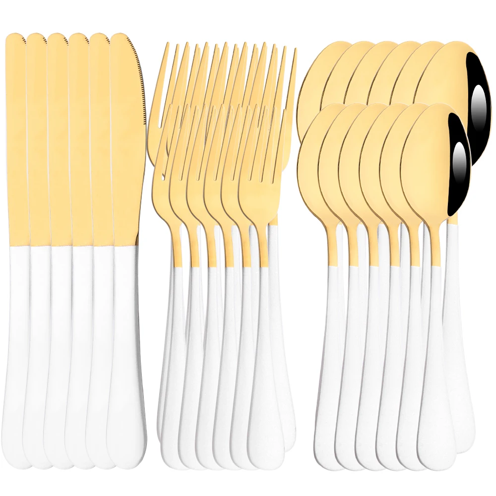 

30Pcs Dinnerware Set Mirror Stainless Steel White Gold Knife Flatware Dessert Fork Spoon Dishwasher Safe Silverware Set Cutlery