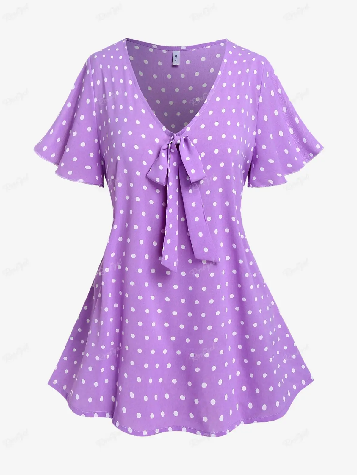 

ROSEGAL Plus Size Polka Dot Bowknot V Neck Tee Purple Women Summer Flutter Sleeves Blouses Top Casual T-shirts 4XL