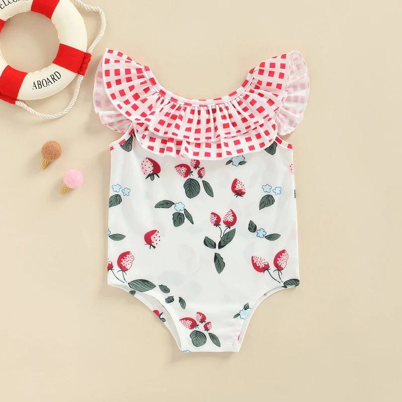 

Toddler Baby Girl Sleeveless Swim Romper Strawberry Printed Ruffles Decor Sweet Style Bodysuit, Casual Simple Playsuit