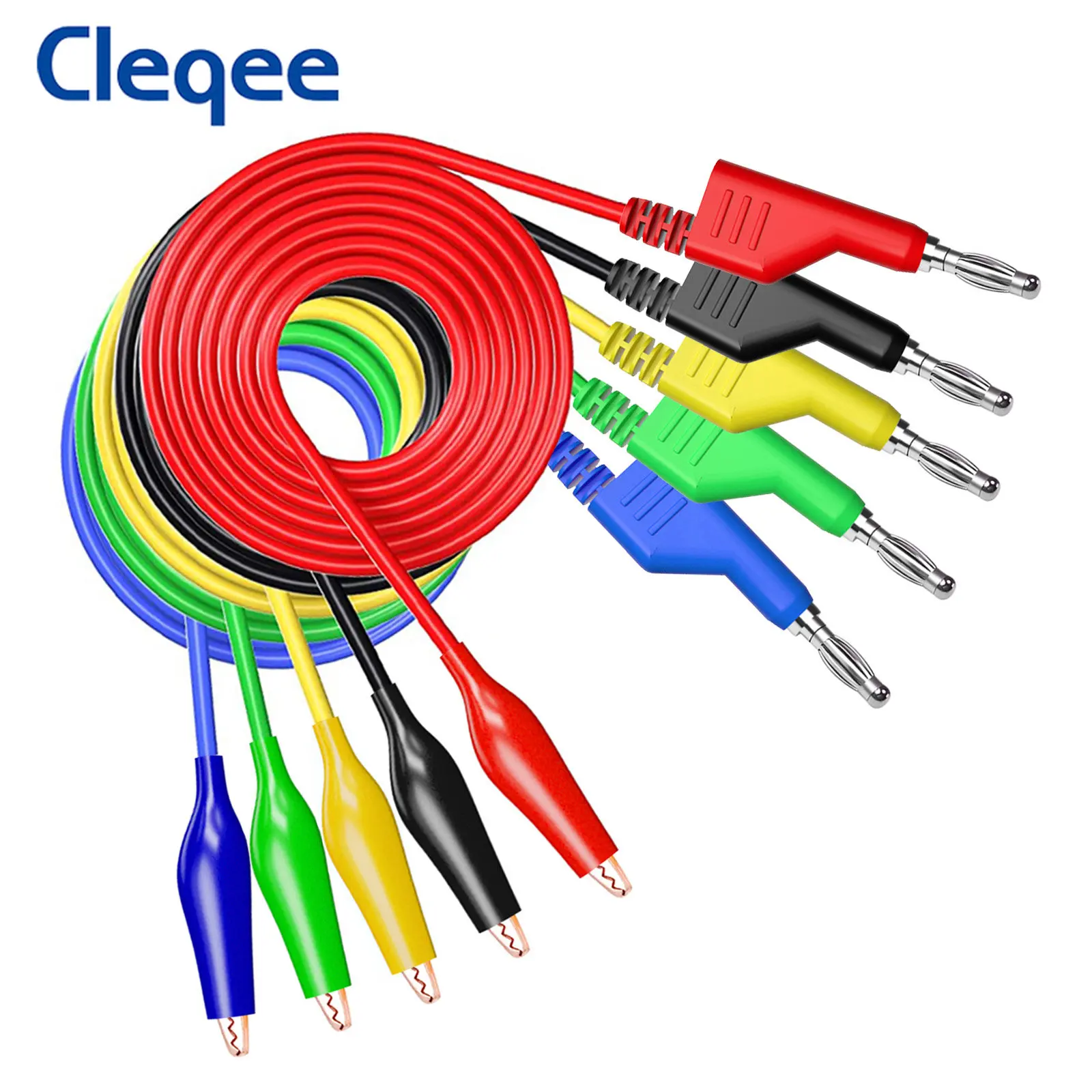 

Cleqee P1044 5PCS 4mm Stackable Banana Plug To Copper Alligator Clip Test Lead kit Durable Test Cable for Multimeter 1M