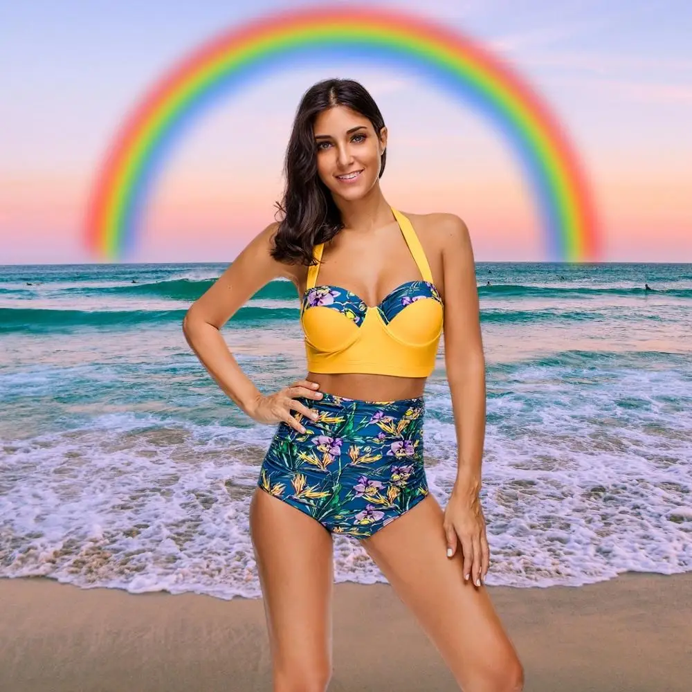 

Bright Yellow Tummy Control Bikini Blue Floral High Waist Pants Swimsuit Elegant Beachwear