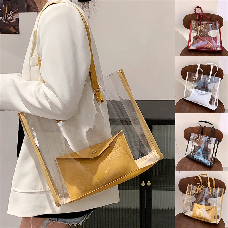 

2022 Summer PVC Pu Shoulder Bag Transparent Clear Women Handbag Female Beach Bag Beach Bag Large Capacity Composite Bags