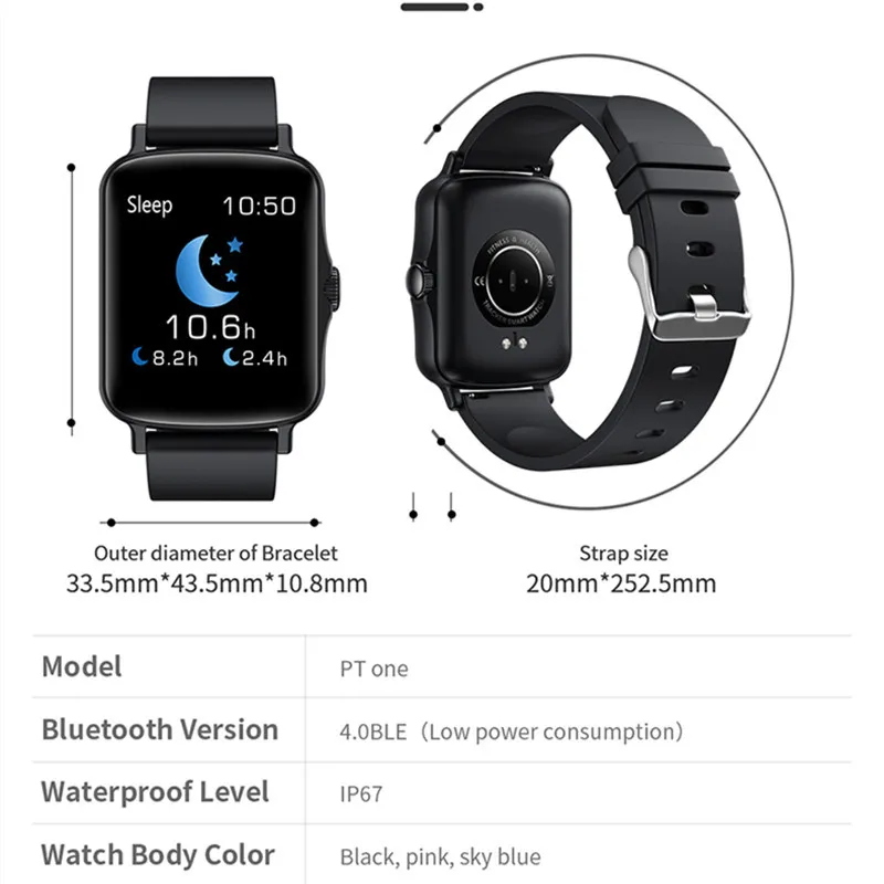 Smart Watch  Men Women Bracelet 1.4 Inch Sport Square Fitness Tracker Full Touch IP67 Waterproof  Wristband for Xiaomi PTone