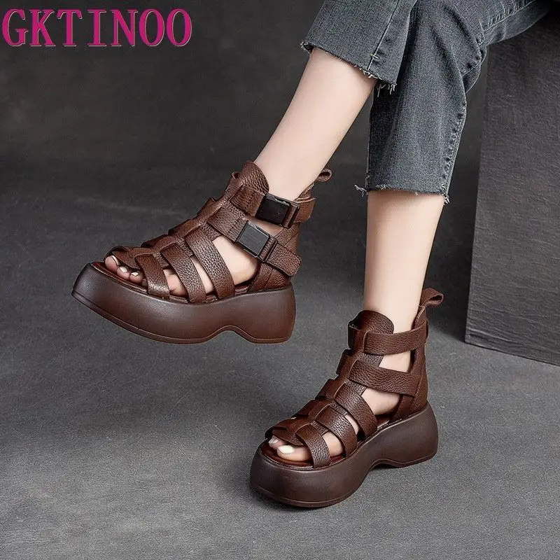 

GKTINOO Women Summer Sandals Mid Heels Wedges Shoes Ladies Vintage Genuine Leather Plus Size Sandalias Mujer Sapato Feminino