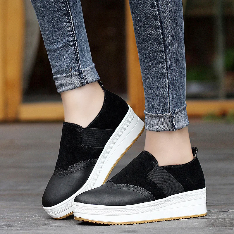 Flat Platform Loafers Woman Cow Suede Women's Heigh Incresing Brogue Shoes Flatform Slip On Oxord  Women Lady