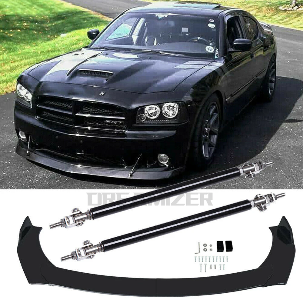 Front Bumper Lip Spoiler Splitter+Strut Rods Chin Body Kit For Dodge Charger Challenger SRT 2014-2021 Cover Guard Car Diffuser