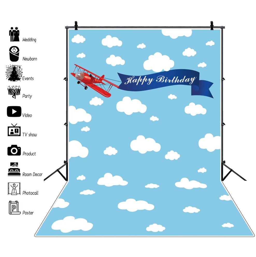 

Laeacco день рождения красный самолет фон мультфильм план голубое небо белое облако Мальчик девушка портрет индивидуальный фон для фотографии