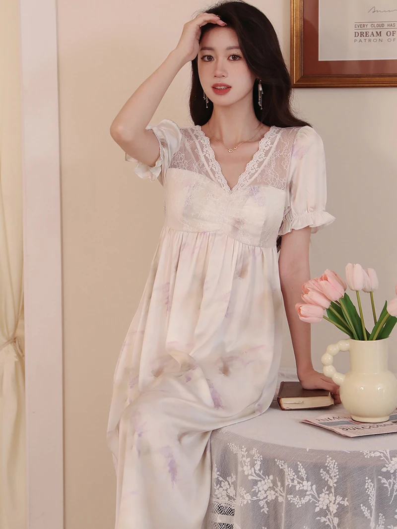 Women Summer V-Neck Lace Silk Print Nightdress French Ruffles Short Sleeve Sexy Vintage Princess Nightgowns Victorian Sleepwear