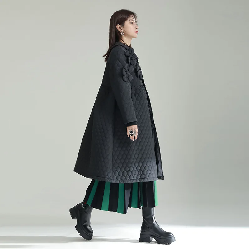 2022 niche design three-dimensional flowers doll collar cotton jacket loose A word diamond check pattern cotton jacket female