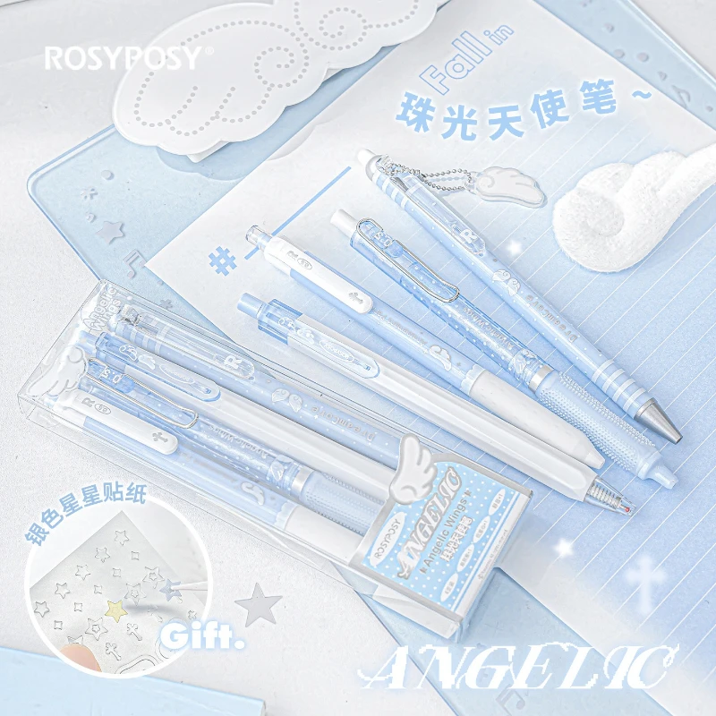 Фото Очаровательные ручки RosyPosy Angelic Series с перламутровым эффектом, милые ангелочки, набор из 4 штук, ручка-кисть, унисекс, канцелярские принадлежности Kawai, подарок для студентов. №4