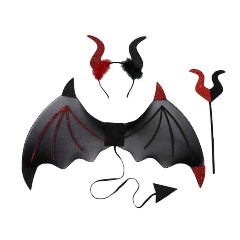 

Devil Wings with Tail Horn Headband and Fork Devil Costume Set Halloween Christmas Party Cosplay Fancy Dress Red Black