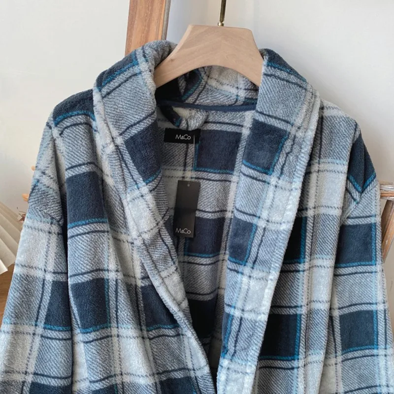 Nightgowns For Men Coral Fleece  Keep Warm  Bathrobe Mens Robes Stripe