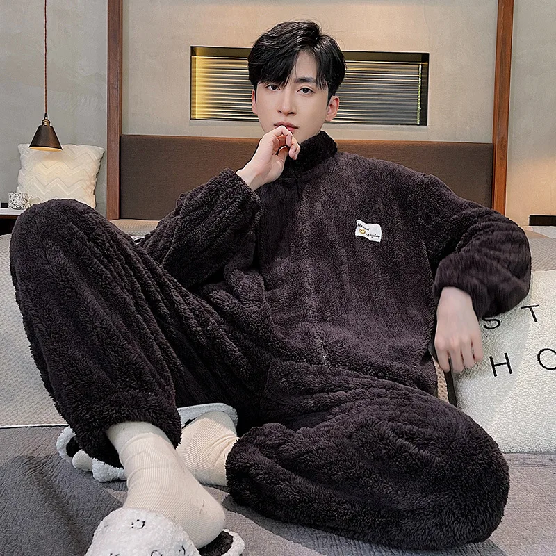 Stand Collar Pajamas Men's Winter Long Sleeve Sleepwear Pants Coral Fleece Thickened Warm Flannel Pajamas Men Home Clothes Suits