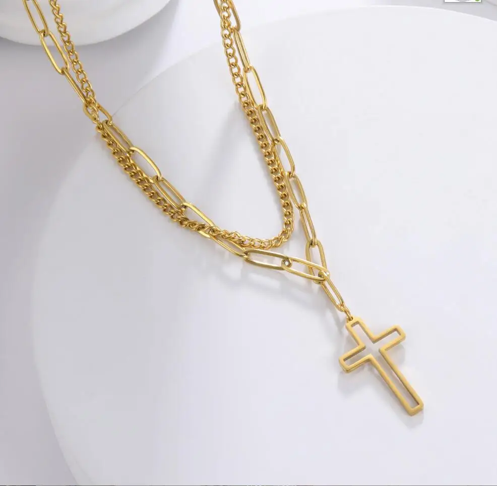 Mens Cross Necklaces, Stainless Steel Layered Plain Cross Pendant, Rope Box Chain Necklace, Simple Prayer Jesus Collar F1017