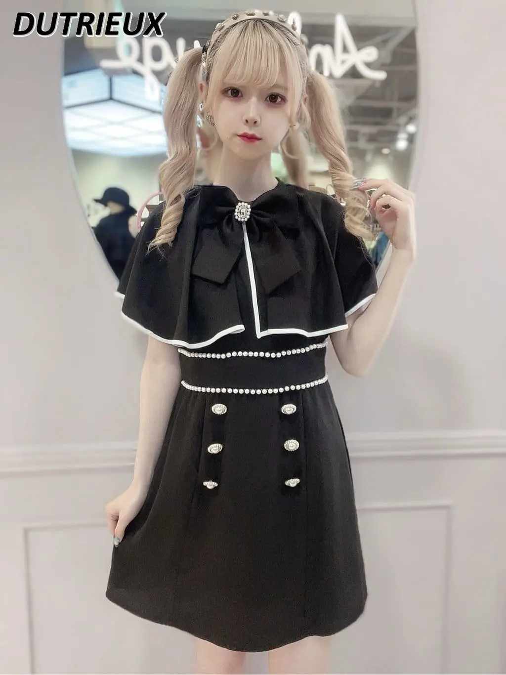 

Japanese Style Sweet and Cute Bow Mini Dress for Women 2023 Summer New Sweet Girl Short Sleeve Button Decoration Black Dress