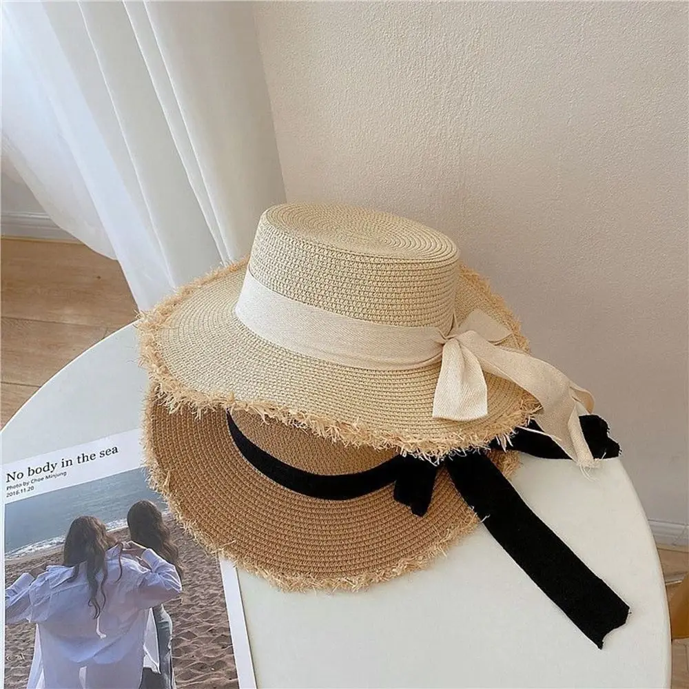 

Fashion Woman Sun Visor Bowknot Ribbon Beach Cap Cloth Sunscreen Handmade Sun Hat Top Hat Weave Sun Cap Straw Hat
