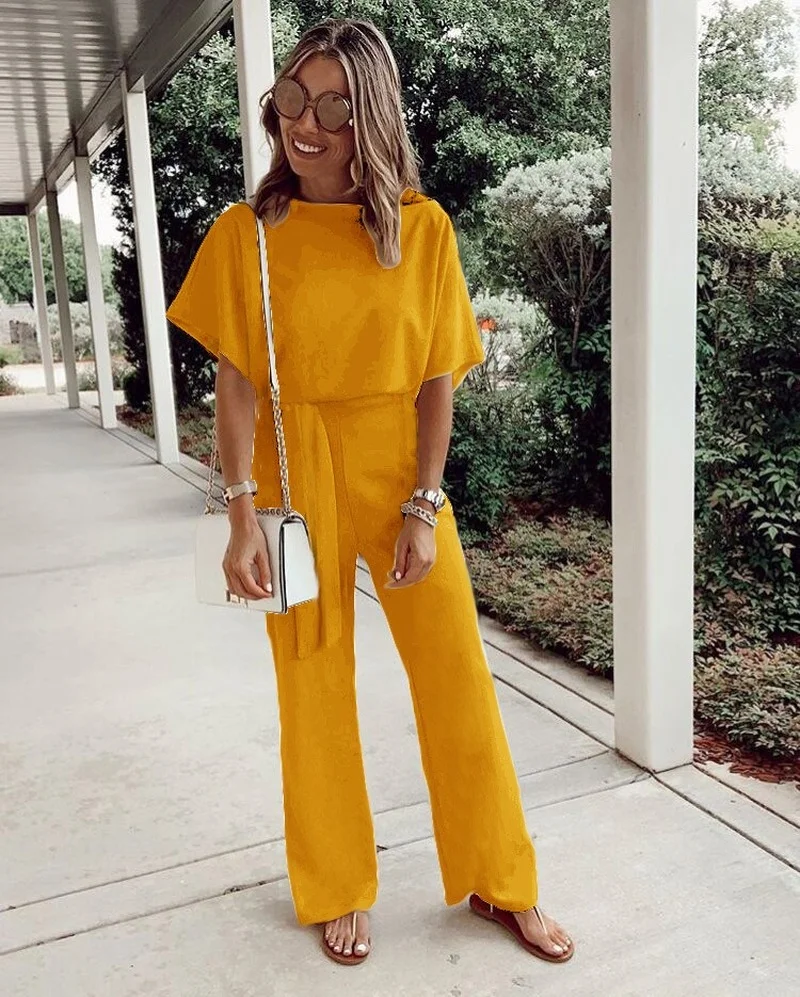 

Women Summer 2021 New Loose Casual Lace Up Short Sleeves Jumpsuits Solid Color Pockets Mature Wide Leg Pants Rompers OL Female