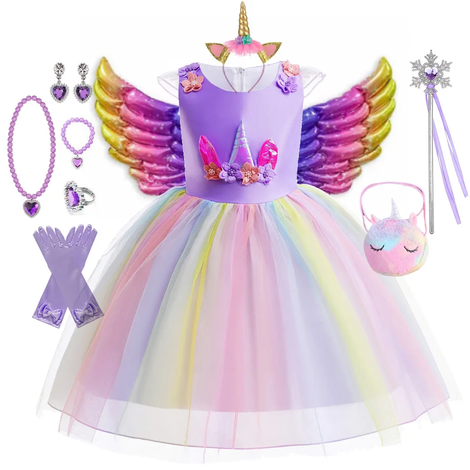 Детское платье с единорогом для девочек бальное цветами Детские платья