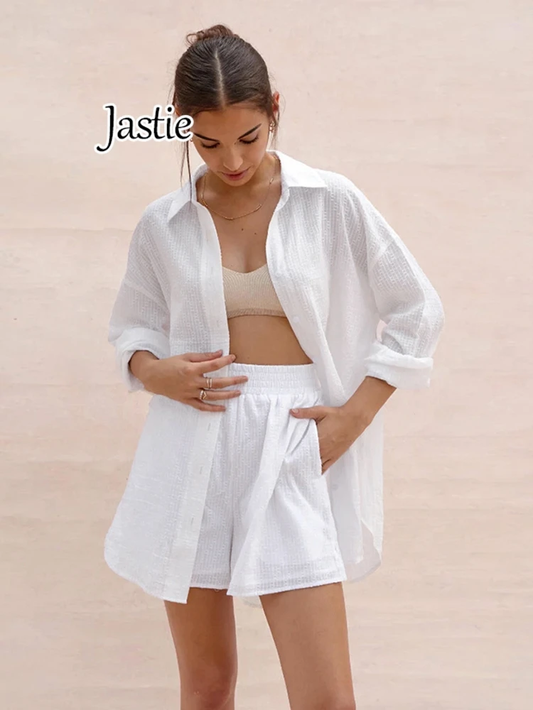 Женский жаккардовый костюм Jastie элегантная рубашка с длинным рукавом и шорты