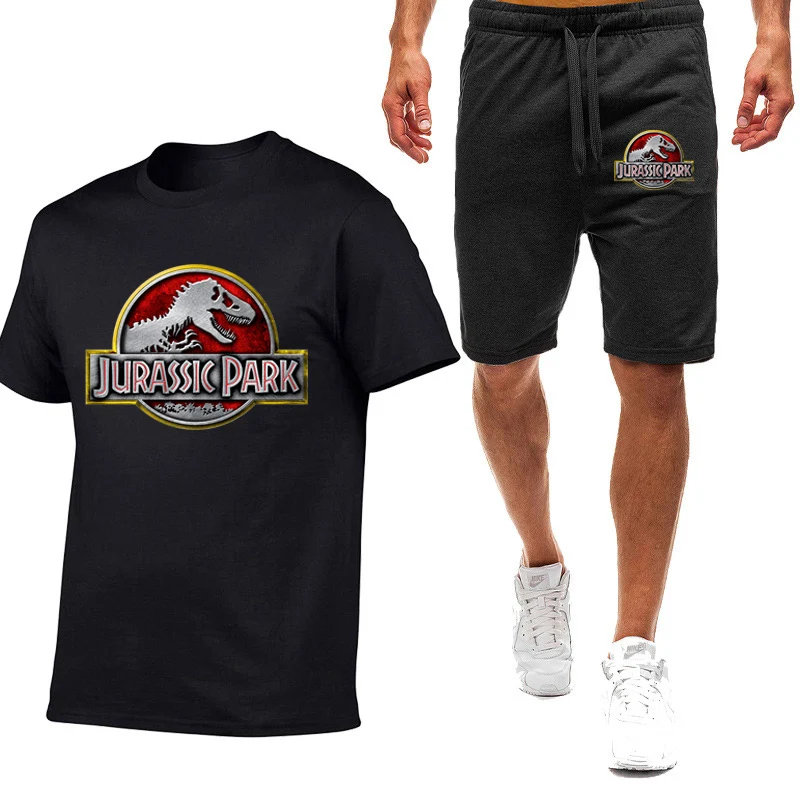 

Jurassic Park Printed Short Sleeve Set Summer Mens HipHop Harajuku Style High Quality Cotton T-Shirt Shorts Suit Sportswear