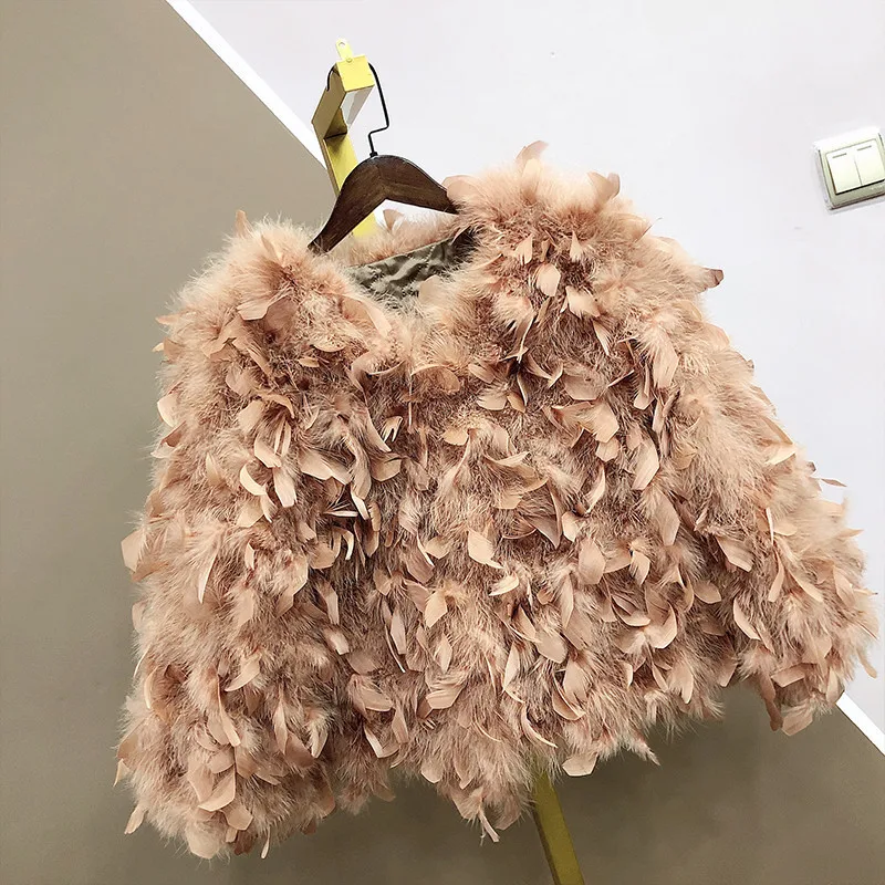 Winter Ostrich Feather Turkey Fur Coat For Women Korean Fashion Full Sleeve Thickened Pluffy Fur Jacket Short Outwear Lady Y3465