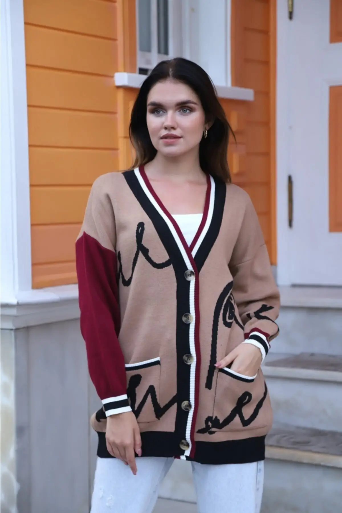 

Women's Cardigan Camel Line Pattern Oversize knit Casual Knitted Quality Fashion Cardigan Sweaters Loose Sweater Sweater Jumper