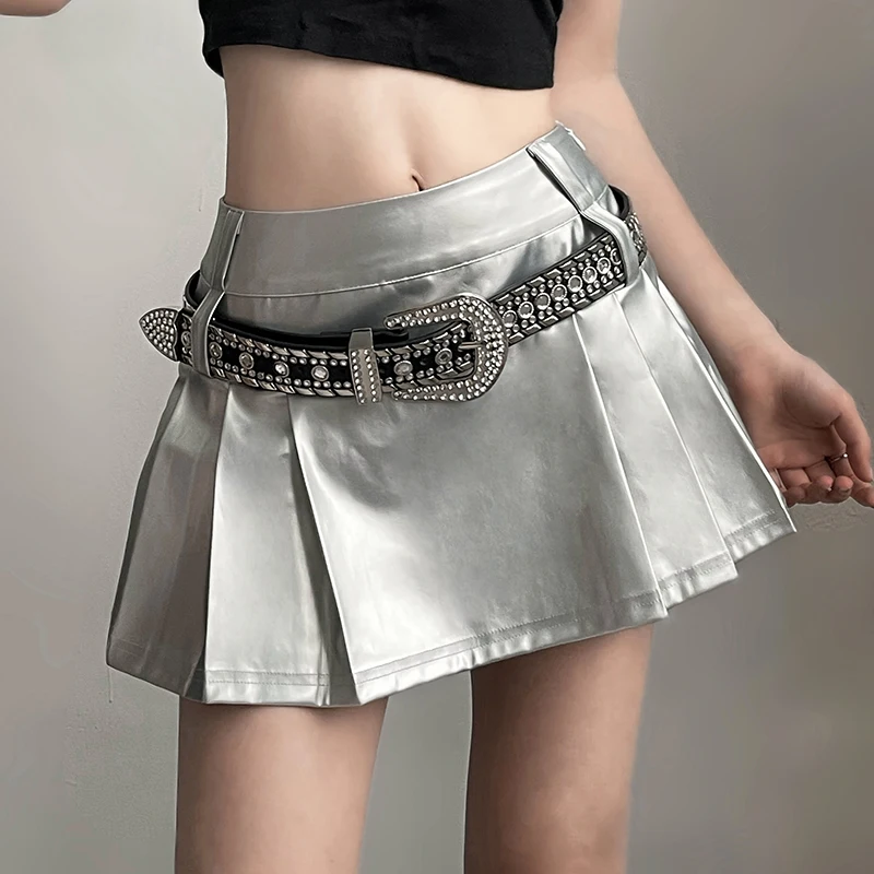 

Women's PU Leather Ruffles Mini Bodycon Skirts Fashion Ladies K-POP Streetwear Punk Sexy Club Ruffles Silver Skirt