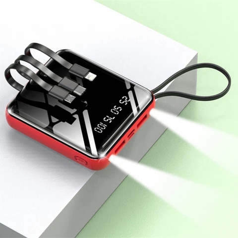 Mini Power Bank 20000 мАч Портативное зарядное устройство с двумя USB-портами Powerbank с USB-кабелем типа C для iPhone 15 14 Запасной аккумулятор Samsung Xiaomi