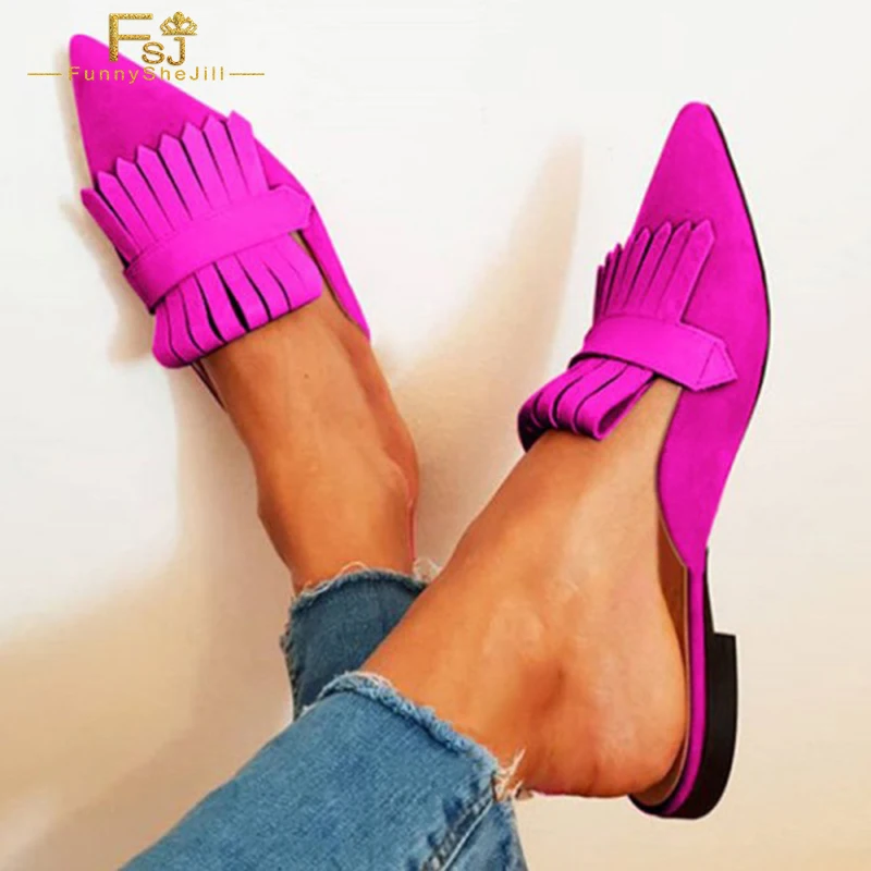 

FSJ Hot Pink Women Mules Tassel Pointed Toe Suede Flats Slip on Casual Outside Office Dress Ladies Slippers Shoes 2022 Spring
