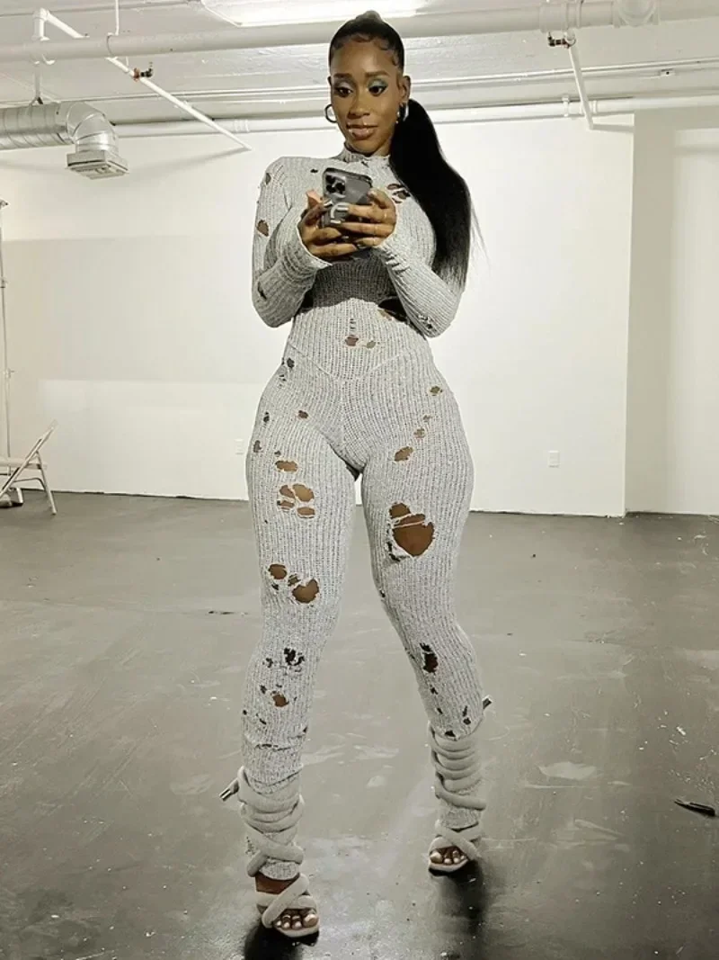 

Модные бандажные комбинезоны с длинным рукавом и вырезами, серые комбинезоны, одежда для ночного клуба, сезон осень-зима 2023, сексуальное женское трикотажное боди