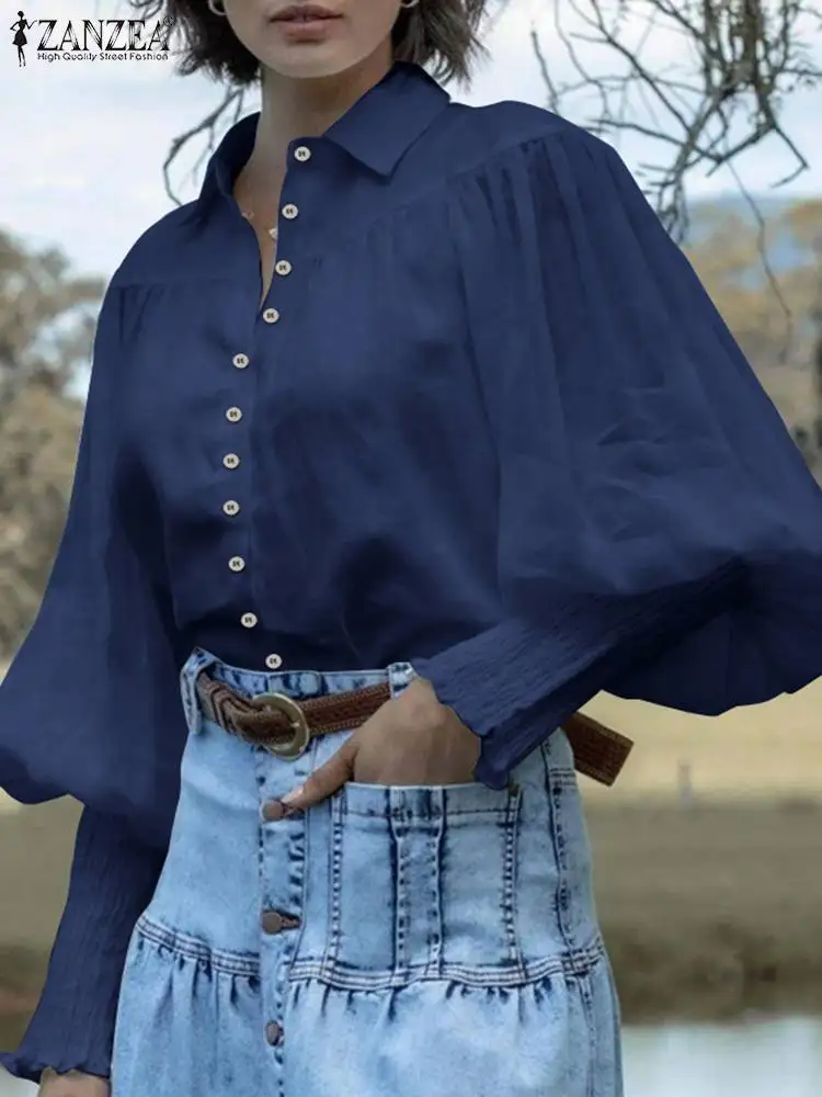 

Женская плиссированная рубашка ZANZEA, однотонная блузка с рукавами-фонариками, воротником с лацканами и пуговицами, весна 2023