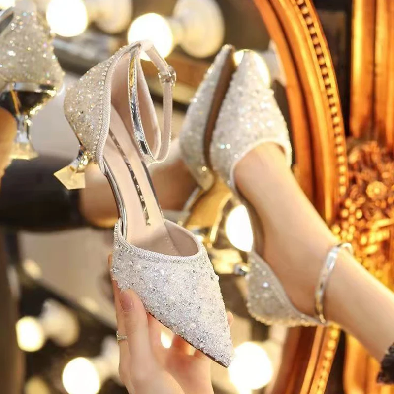 

Rimocy Shiny Crystal Ankle Strap Pumps for Women 2022 Spring Pointed Toe High Heels Shoes Woman Thin Heel Wedding Party Shoes