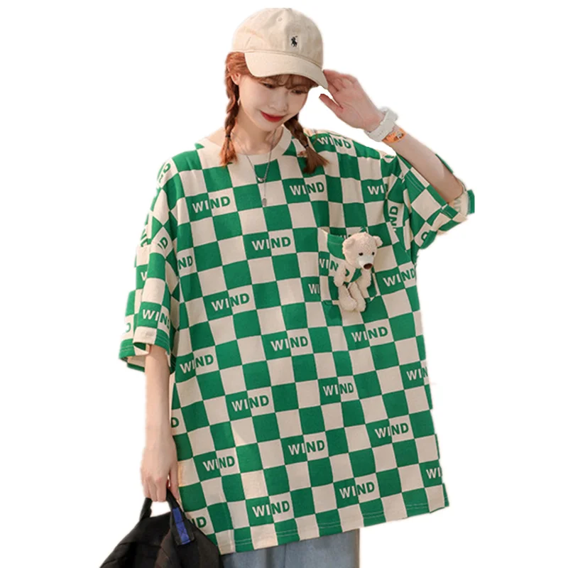 

Summer Street Fashion Couples T-shirt Women Harajuku Oversized Plaid T Shirts Teenager Girls Pocket Bears Tops Kawaii Clothes
