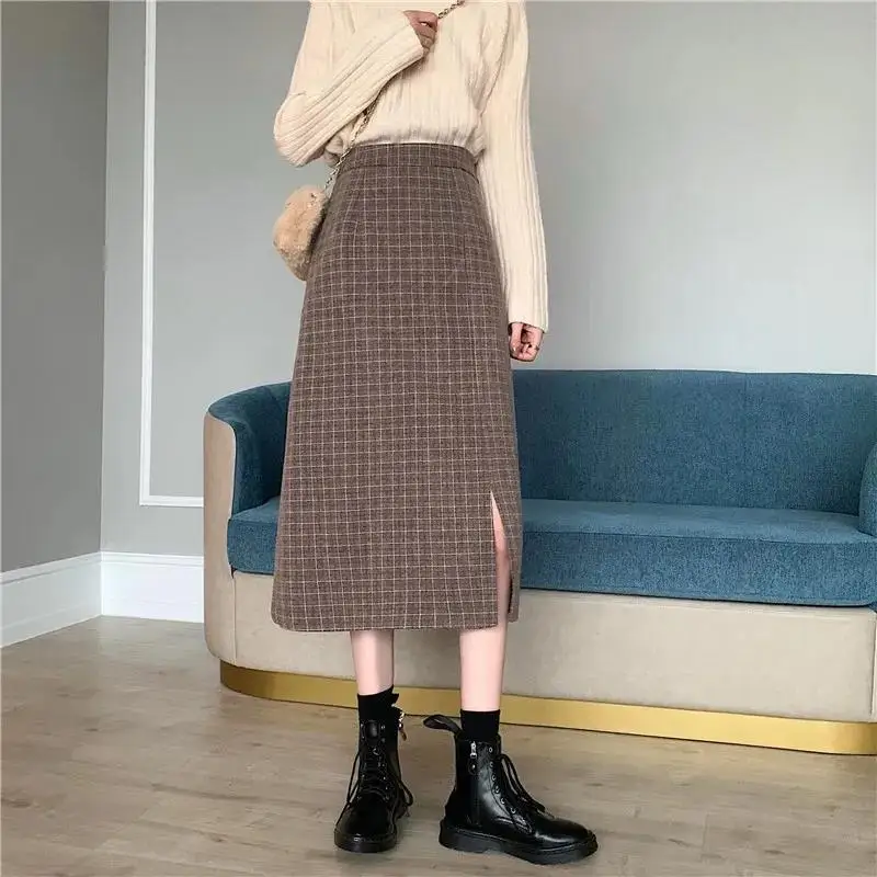 

Осень-зима 2023, Женская юбка средней длины, клетчатая юбка-трапеция с высокой талией в японском стиле, Элегантная стильная женская юбка