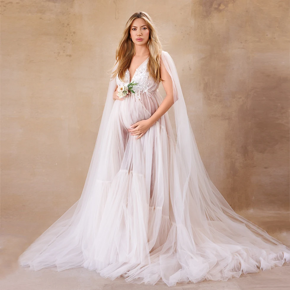 Elegant Off White Maternity Photography Dresses for Babyshower Ruffle Tulle Cap Sleeves Bridal Maternity Robe Pregnancy Dress