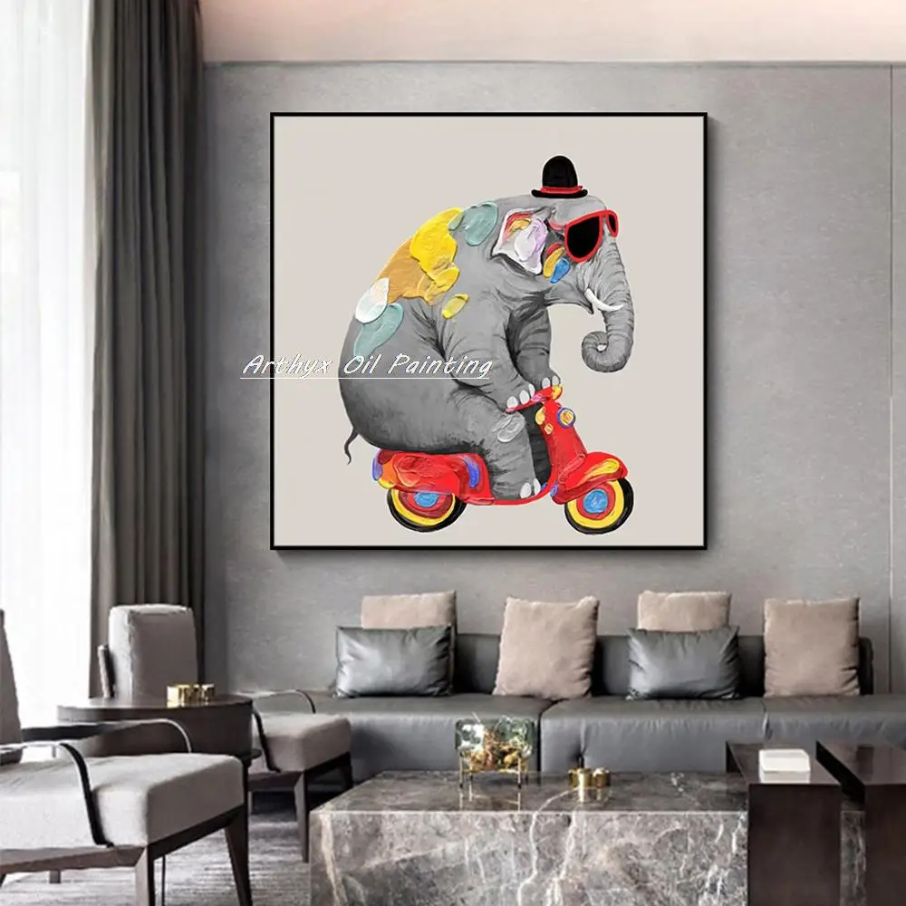 

Артикс, поп-арт, ручная роспись, слон, животное, картина маслом на холсте, абстрактная мультяшная современная картина на стену для детской ко...